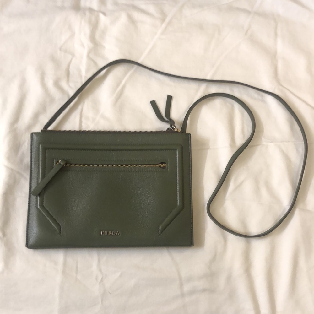 FURLA crossbody bag, olive color, three compartments. 45" strap.